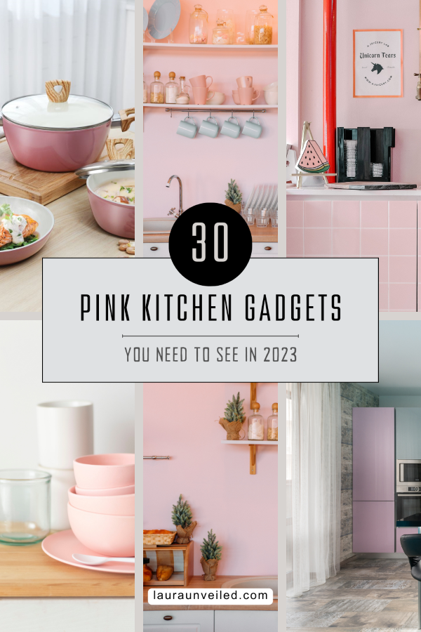 a pin that says in a large font pink kitchen gadgets